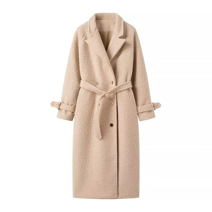 Damen nan langer Teddy-Mantel mit Taillengürtel zweireihiger Knopfleiste und Manschettenriemen Drune