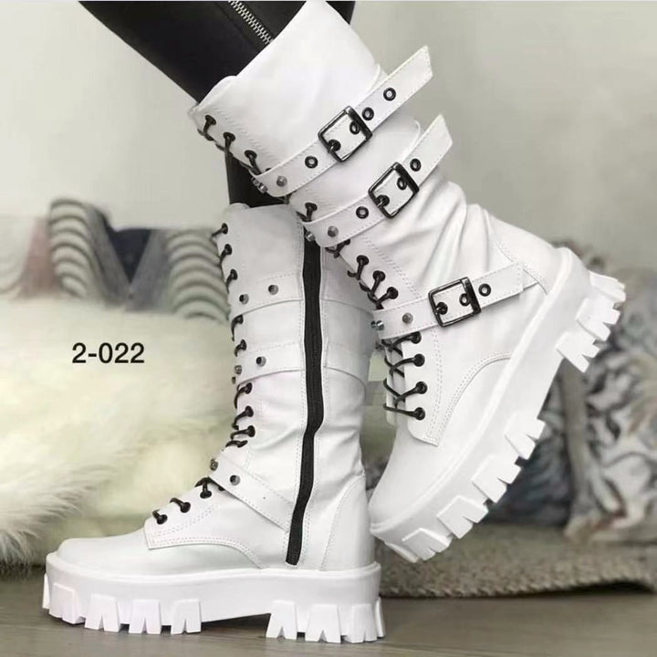 Damen Schnürstiefel mit hohem Schaft und modischen Schnallenakzenten Drune