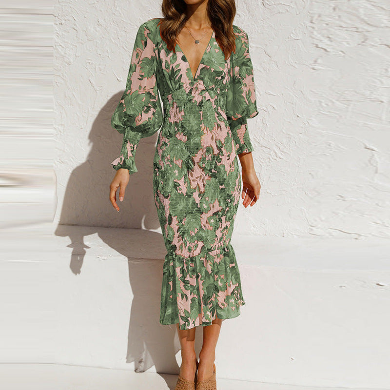 Damen Bodycon Kleid mit Rüschensaum und glamourösem Blumenmuster Drune