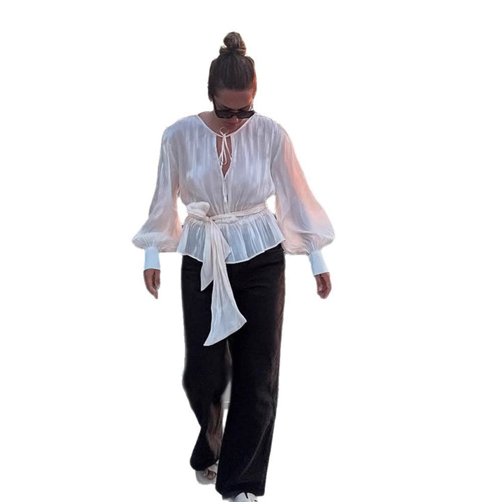 Damen Elegante Wickelbluse mit Bindegürtel und voluminösen Ballonärmeln Drune