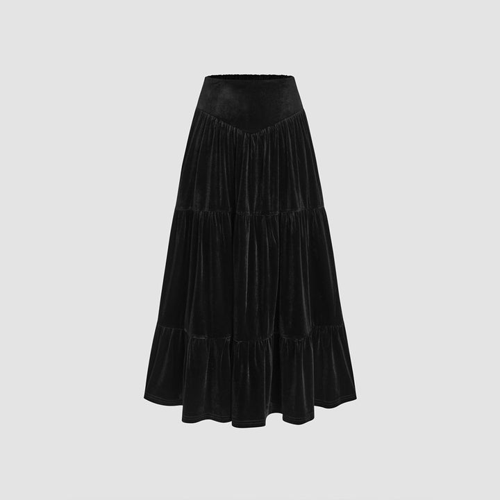 Damen Samtiges zweiteiliges Set mit gerafftem Bustier-Crop und stufigem Midirock Drune