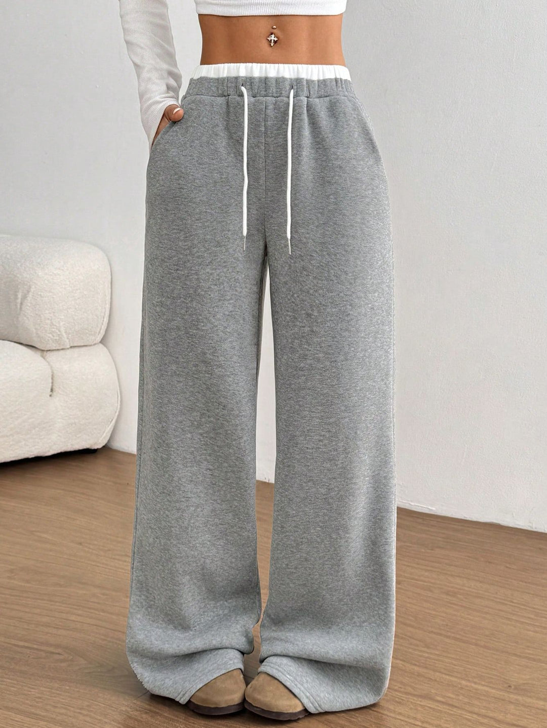 Damen lässige weite Freizeithose aus Baumwollmischung mit elastischem Bund und Kordelzug Drune