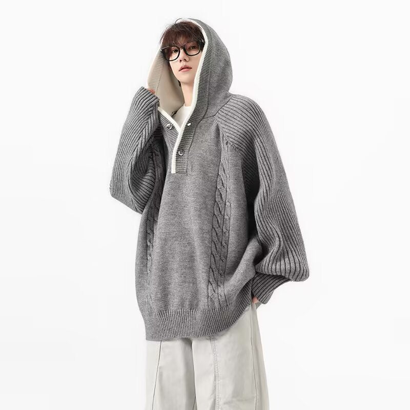 Herren Grobstrickpullover mit Kapuze und Knopfleiste Drune