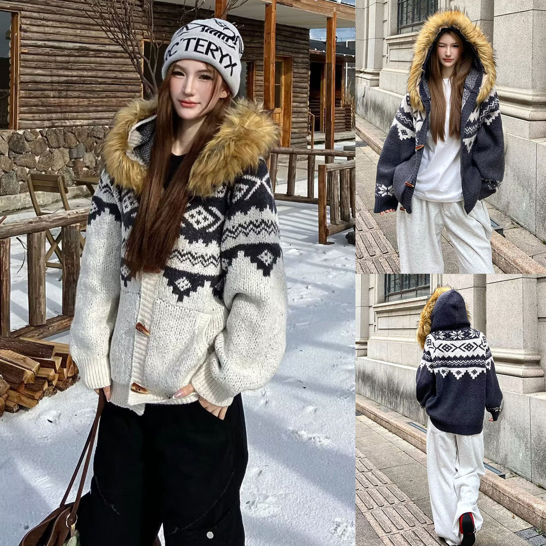 Damen Modische Strickjacke mit Kapuze und kunstfellbesetztem Kragen Drune