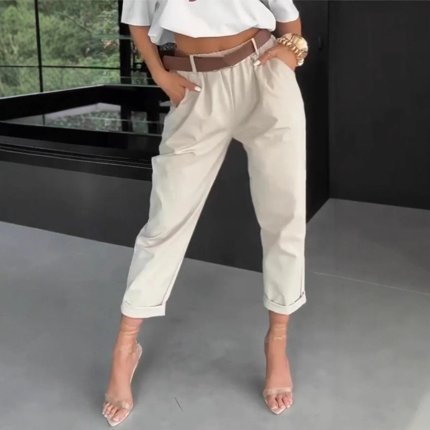 Damen nan hochtaillierte Paperbag-Hose mit gerafftem Bund, Eingrifftaschen und gekrempeltem Saum Drune