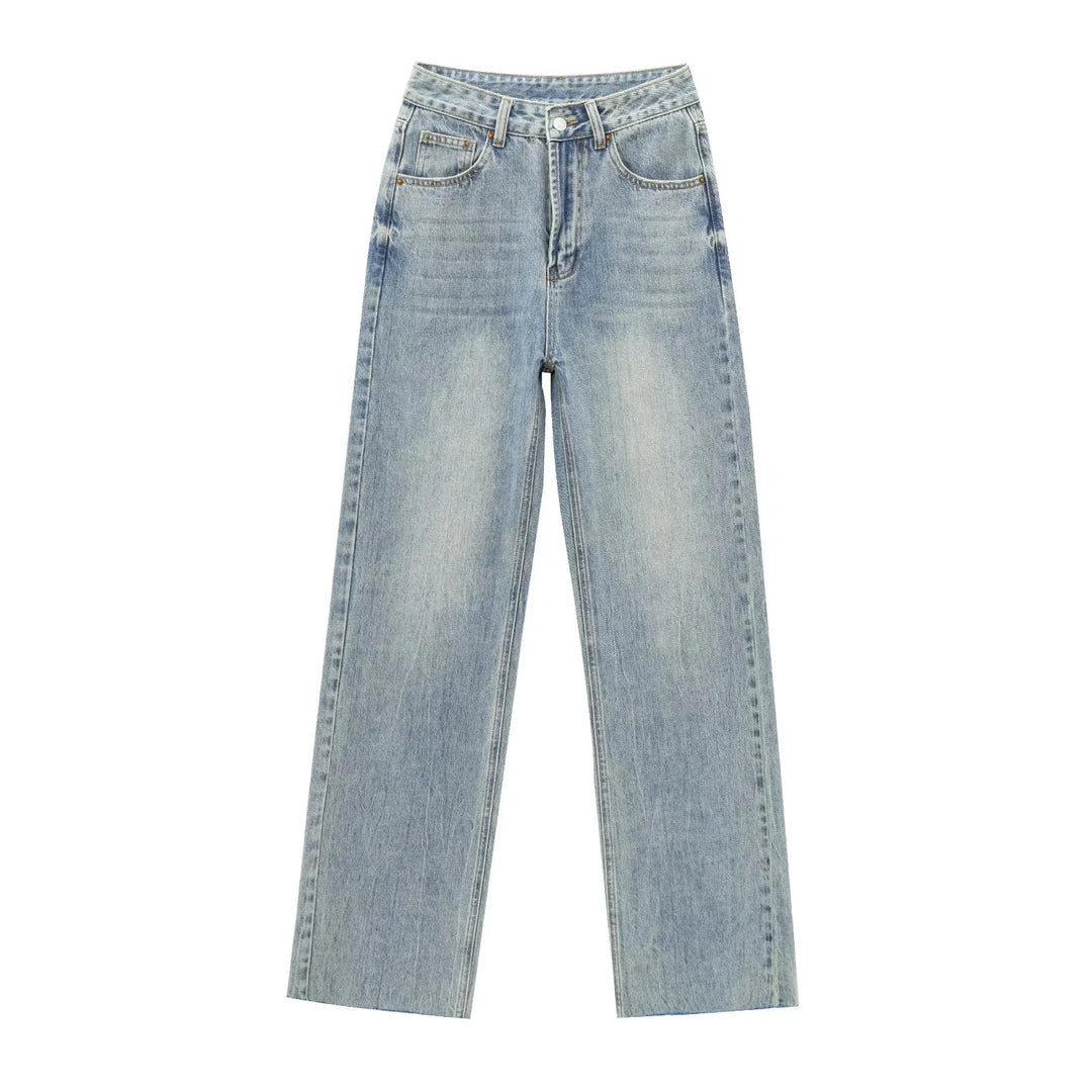 Damen nan hochgeschnittene weite Denimjeans mit geradem Bein und Fransensaum Drune