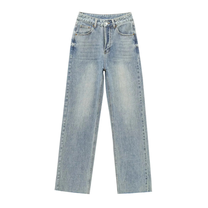 Damen nan hochgeschnittene weite Denimjeans mit geradem Bein und Fransensaum Drune
