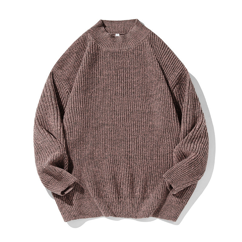 Unisex Oversize Grobgestrickter Pullover mit geripptem Stehkragen und Chenille‑Melange Drune