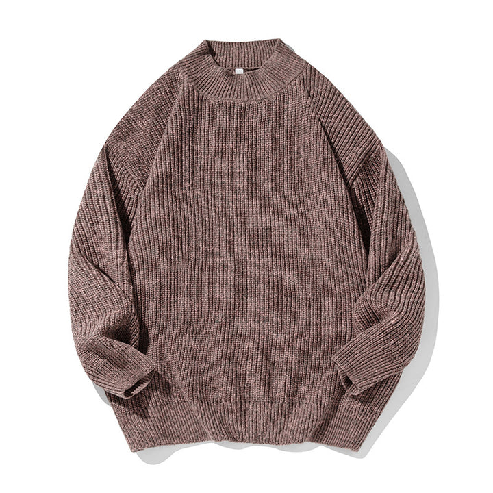 Unisex Oversize Grobgestrickter Pullover mit geripptem Stehkragen und Chenille‑Melange Drune