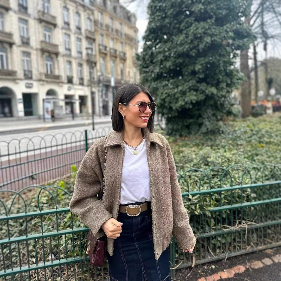 Damen kuschelige Teddyjacke mit seitlichen Taschen und elastischem Saum Drune