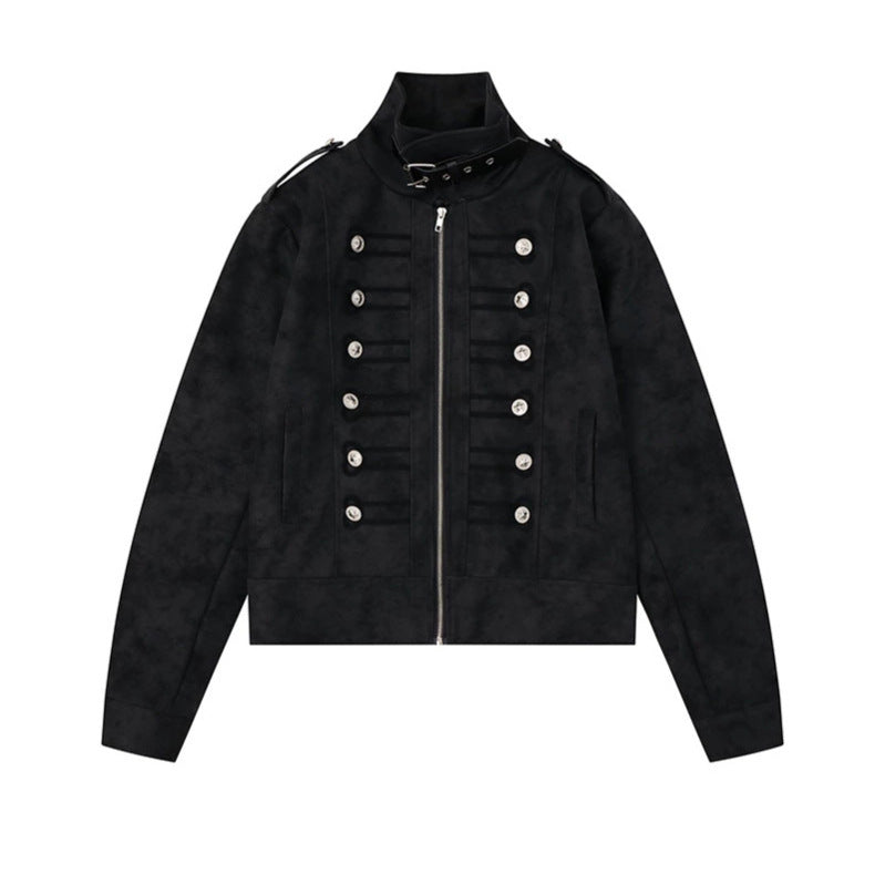 Damen Militärisch inspirierte kurze Jacke mit Reißverschluss, dekorativen Knopfleisten und Schulterklappen Drune