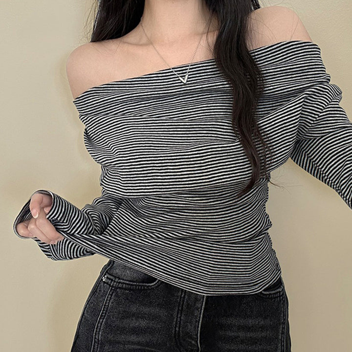 Damen nan asymmetrisches Off-Shoulder Langarmshirt mit taillierter Raffung und schmaler Stretch-Passform Drune