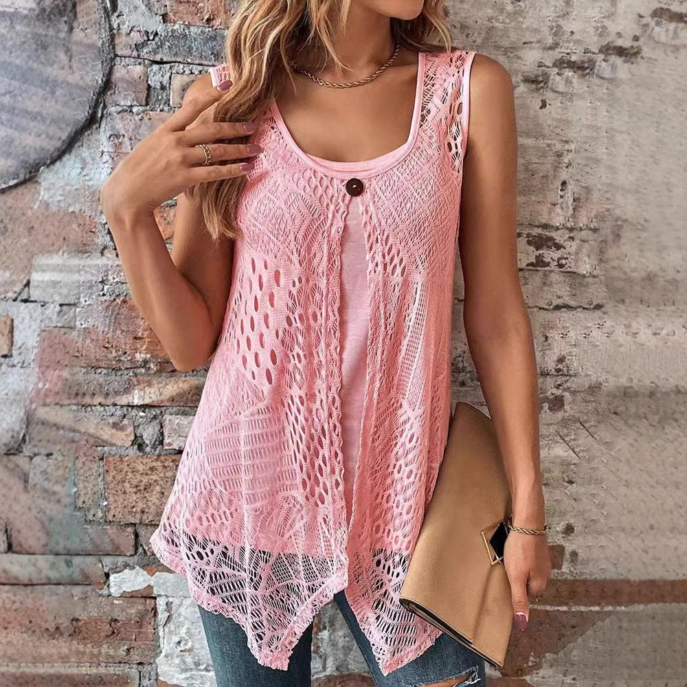 Damen nan zweilagiges Häkel-Overlay mit Jersey-Innentop, Ein-Knopf-Verschluss und asymmetrischem Zipfelsaum Drune