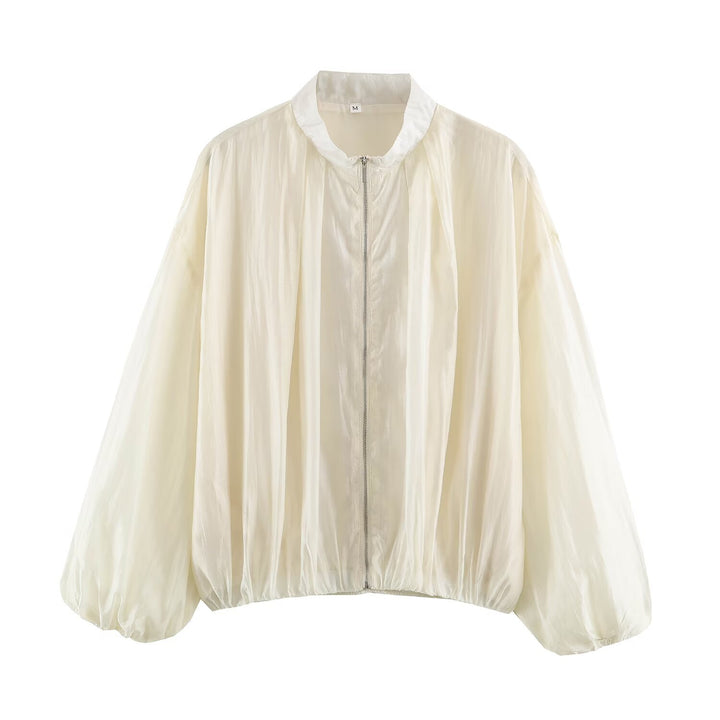 Damen Leichte semitransparente Blousonjacke mit Ballonärmeln und Metallreißverschluss Drune