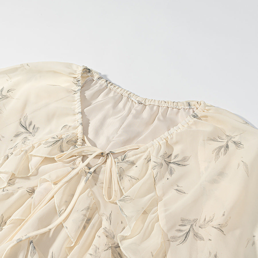 Damen Maxikleid mit Volants, langem Glockenärmel und floralem Chiffon-Design Drune