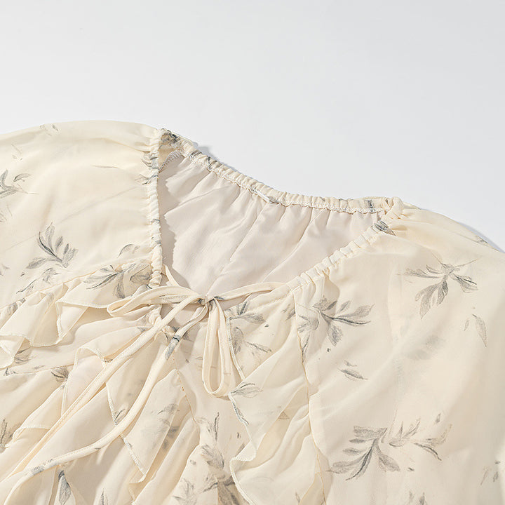 Damen Maxikleid mit Volants, langem Glockenärmel und floralem Chiffon-Design Drune