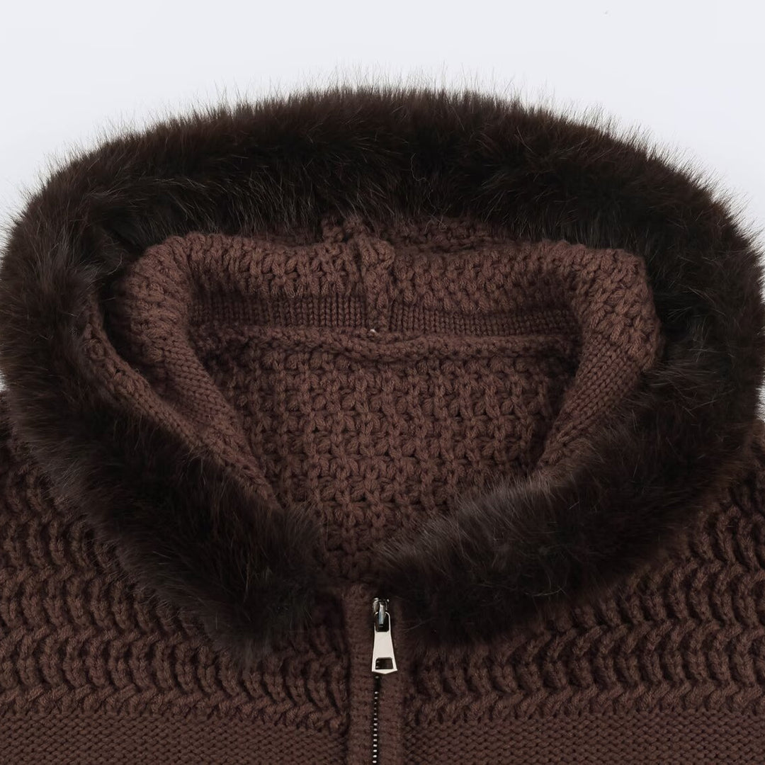 Damen Grobstrick-Cardigan mit Reißverschluss und Kunstfellkapuze Drune