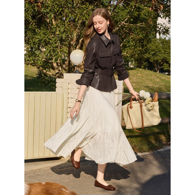 Damen Taillierter Utility-Lederblouson mit Bindegürtel und aufgesetzten Brusttaschen Drune