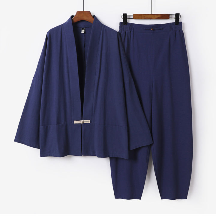 Herren Zen-Relax-Set mit offener Kimono-Jacke, dekorativem Knebelverschluss und tapered Harem-Joggpants Drune
