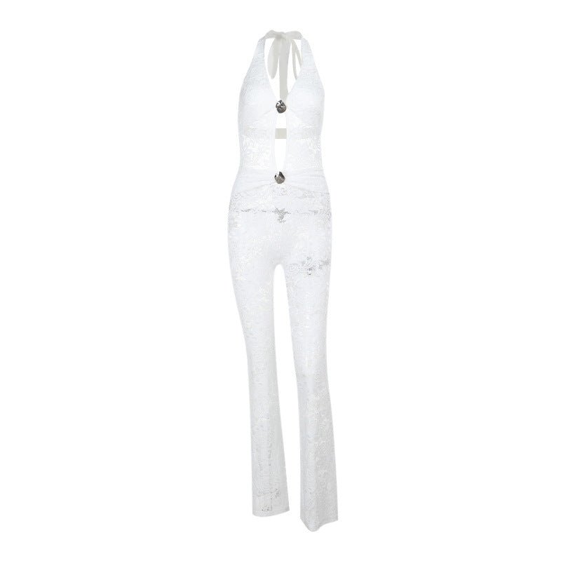 Damen eleganter Jumpsuit mit schicker Schnürung und transparentem Lacedesign Drune