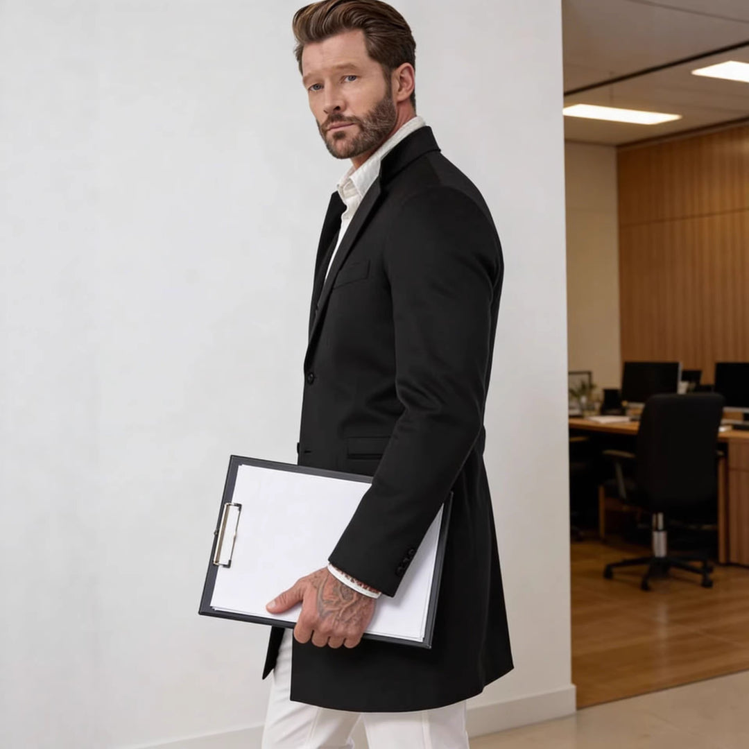 Herren Langer Unstrukturierter Leinen-Blazer mit Ein-Knopf-Verschluss und aufgesetzten Taschen Drune