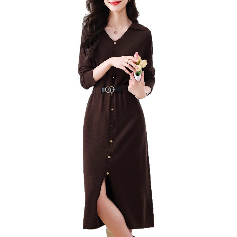 Damen Knielanges Hemdblusenkleid mit elegantem Kragen Drune