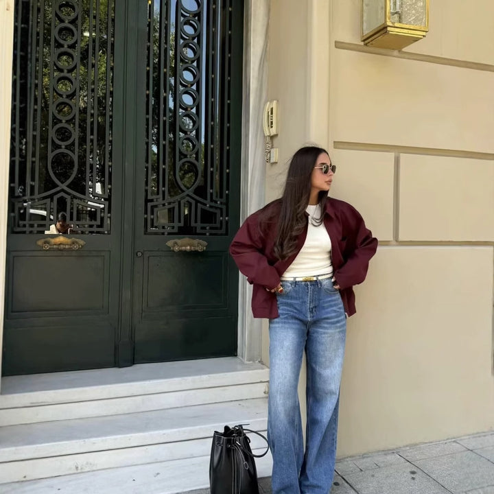 Damen langärmlige Utility-Jacke mit praktischen Taschen und hohem Kragen Drune