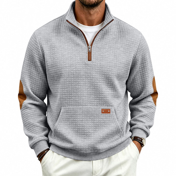 Herren Texturierter Halbzip-Sweat mit Waffelstruktur, Kängurutasche und Leder-Ellbogenbesatz Drune