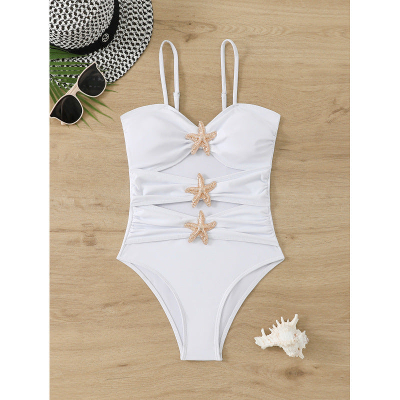 Damen eleganter Badeanzug mit einzigartigem Nackenansatz und glitzernden Sternenapplikationen Drune