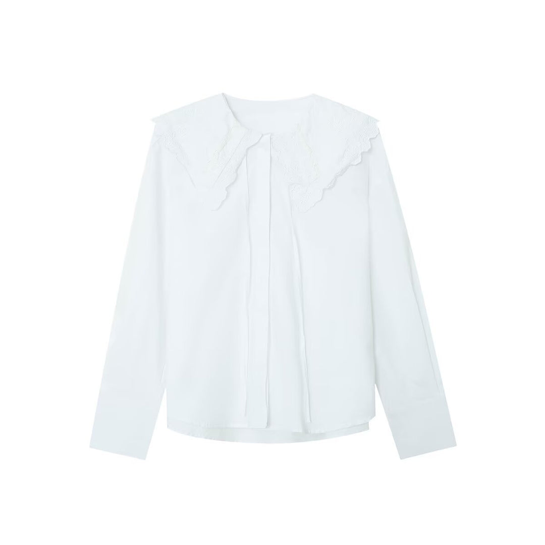 Damen Bluse mit übergroßem besticktem Spitzenkragen und Bindeband Drune
