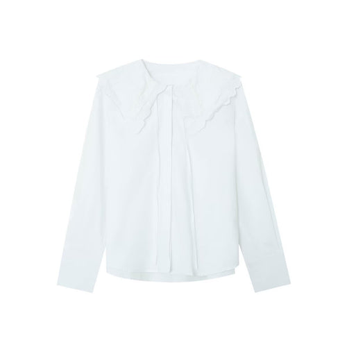Damen Bluse mit übergroßem besticktem Spitzenkragen und Bindeband Drune