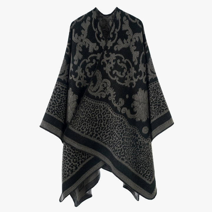 Damen Jacquard‑Wollmix Capeponcho mit Barock‑ und Animalmuster Drune