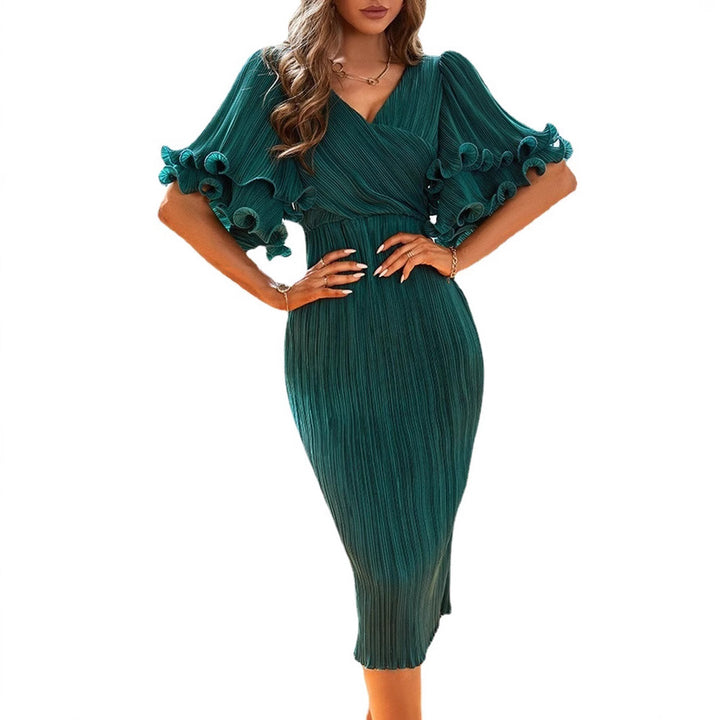 Damen Plissiertes Midi-Kleid mit voluminösen Rüschensäumen und elegantem V-Ausschnitt Drune