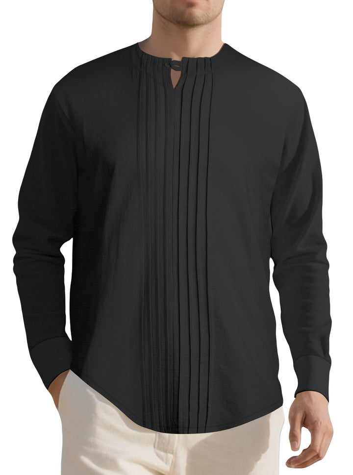 Herren Leichtes Langarmshirt im Leinenlook mit Stehkragen, Kellerfalten und Schlaufenverschluss Drune