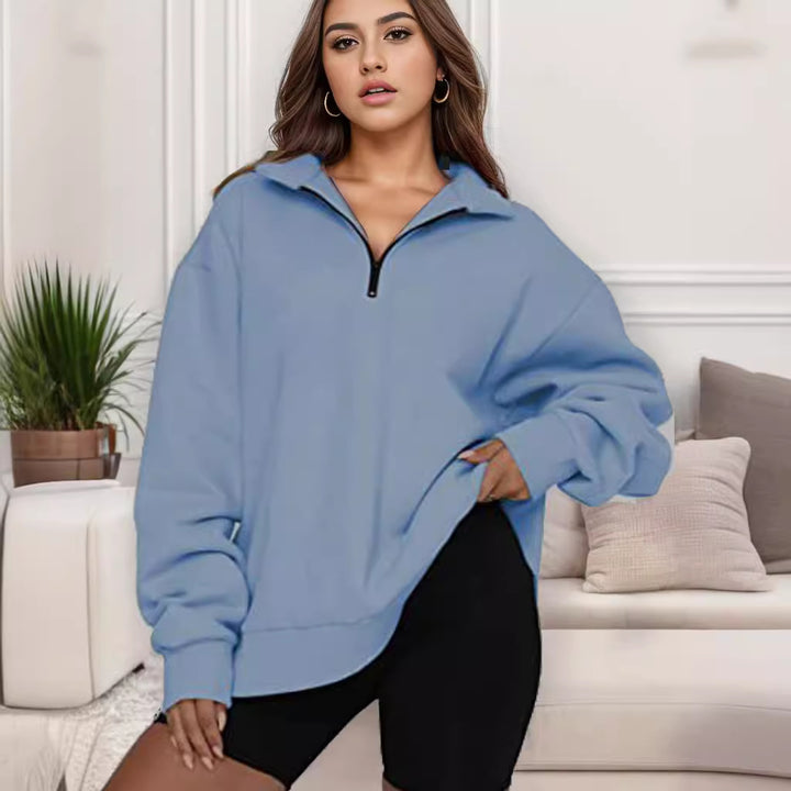 Damen nan übergroßes Sweatshirt mit Halbreißverschluss und Stehkragen Drune