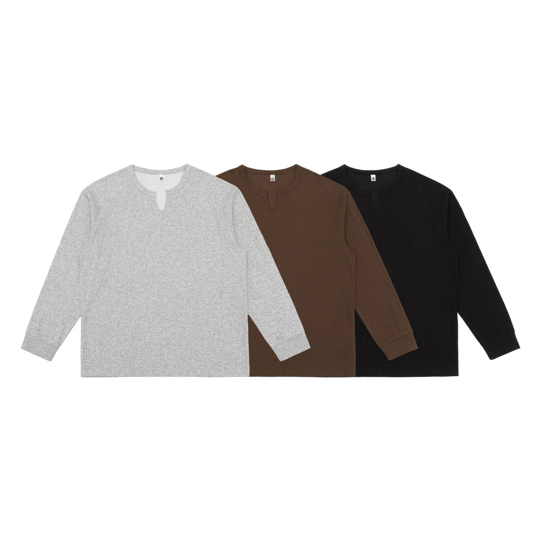 Unisex Leichtes Struktur-Langarmshirt mit Schlitzkragen und gerippten Bündchen Drune