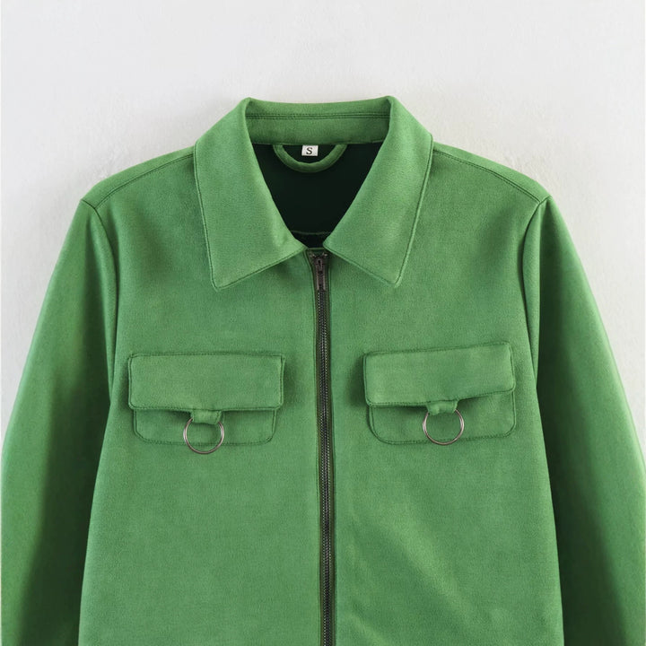 Damen Kurzjacke im Utility-Stil aus Veloursleder-Optik mit Brusttaschen und Metallringen Drune