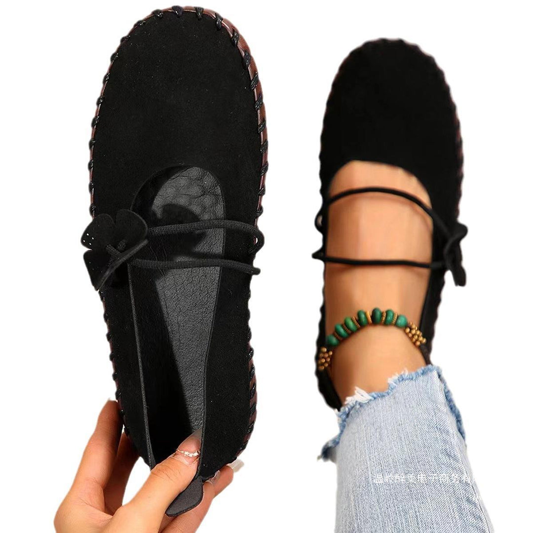 Damen nan handgenähte Ballerina-Mary-Jane mit Blütenapplikation und elastischem Doppelriemen Drune