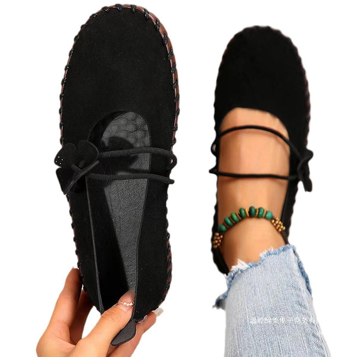 Damen nan handgenähte Ballerina-Mary-Jane mit Blütenapplikation und elastischem Doppelriemen Drune