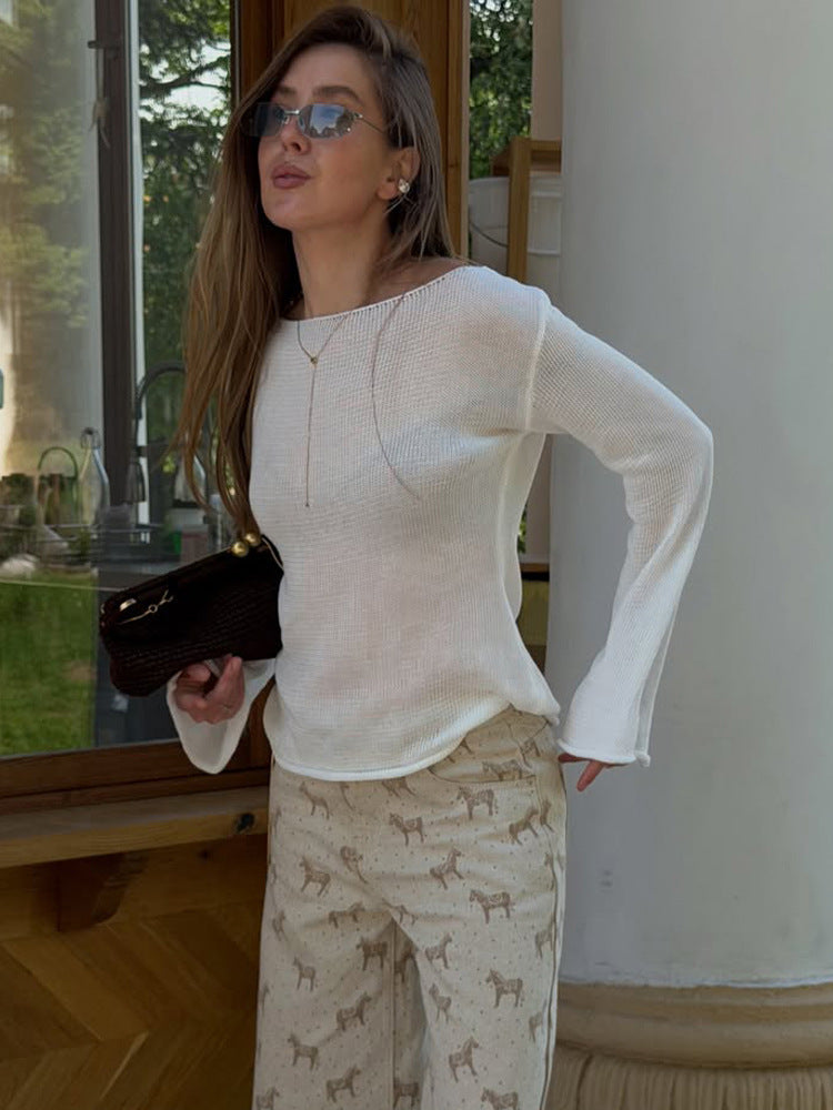 Damen Grobstrick-Pullover mit weitem U-Boot-Ausschnitt & extraweiten Trompetenärmeln Drune