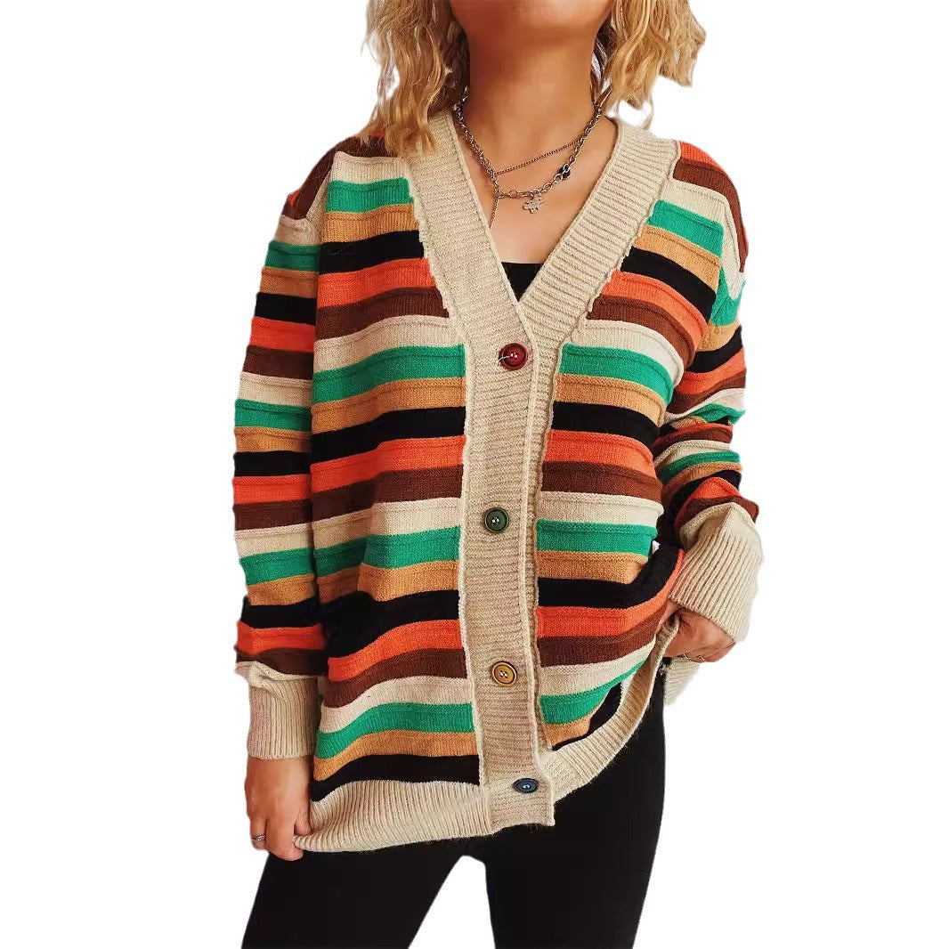 Damen lässige Strickjacke mit buntem Streifenmuster und lockerer Passform Drune