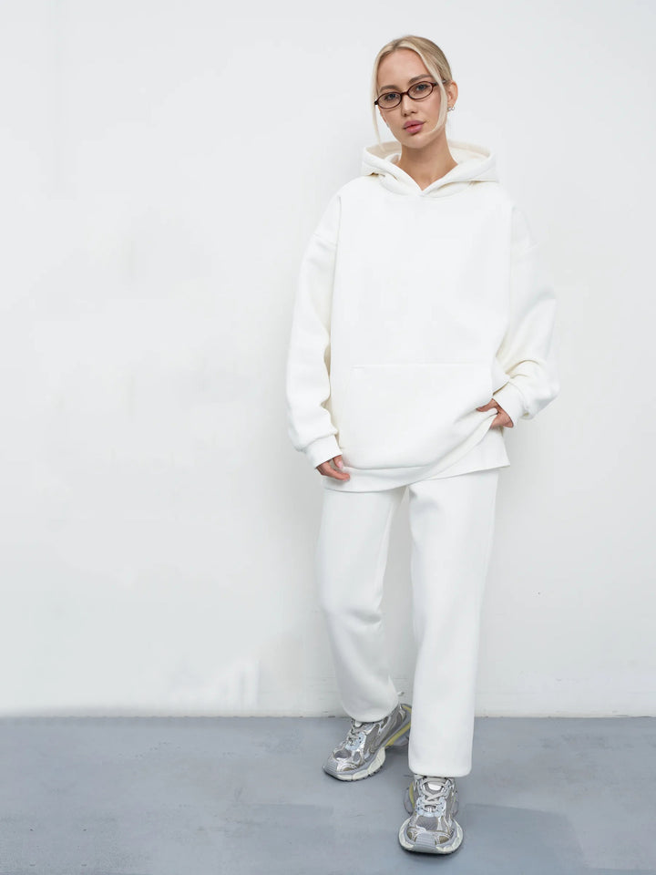 Damen lässiges Kapuzen-Sweatset aus schwerer Baumwollfleece mit Kängurutasche und gerader Jogginghose Drune