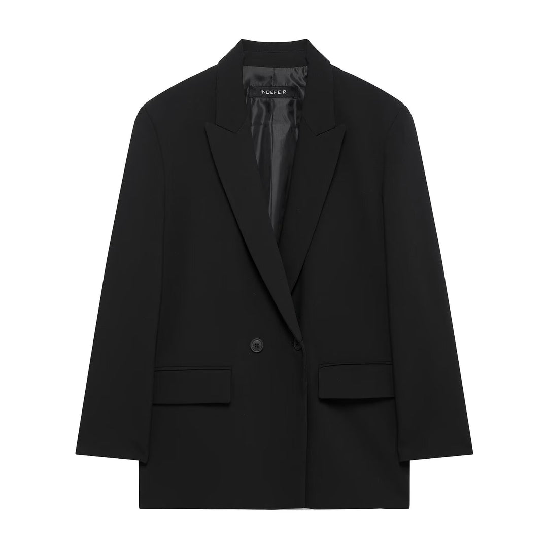 Damen Langer Zweireihiger Blazer-Mantel mit Oversize-Schnitt und Pattentaschen Drune