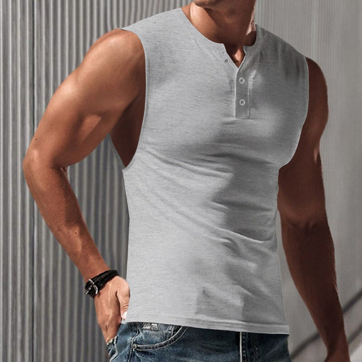 Herren nan ärmelloses Muskelshirt mit Henley-Knopfleiste, tiefem Armausschnitt und elastischem Baumwollmix Drune