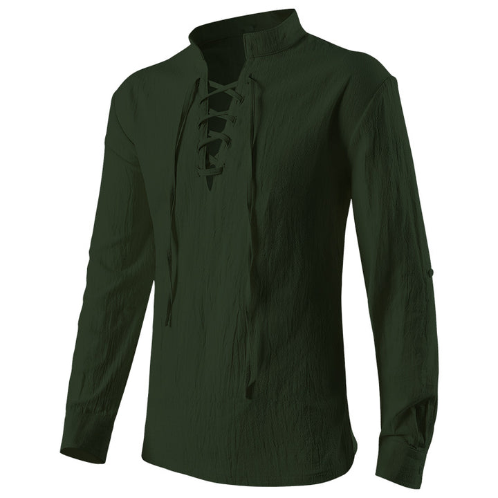 Herren nan lässiges Kurzarmshirt mit geschnürter V-Kehle, kurzem Stehkragen und weichem Baumwollmix Drune