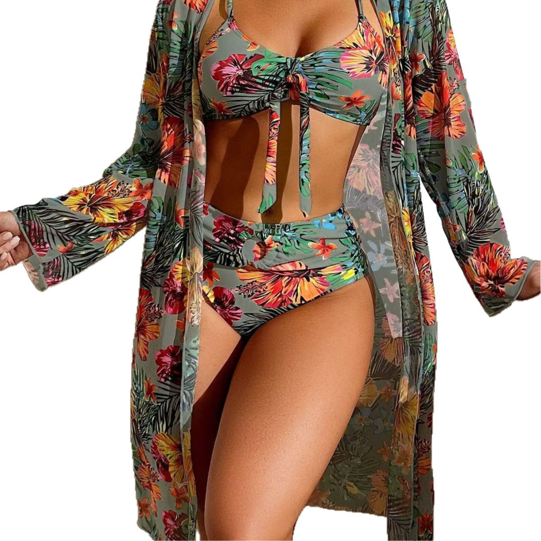 Damen Bikini-Set mit floralen Mustern und luftiger Kimono-Überjacke Drune