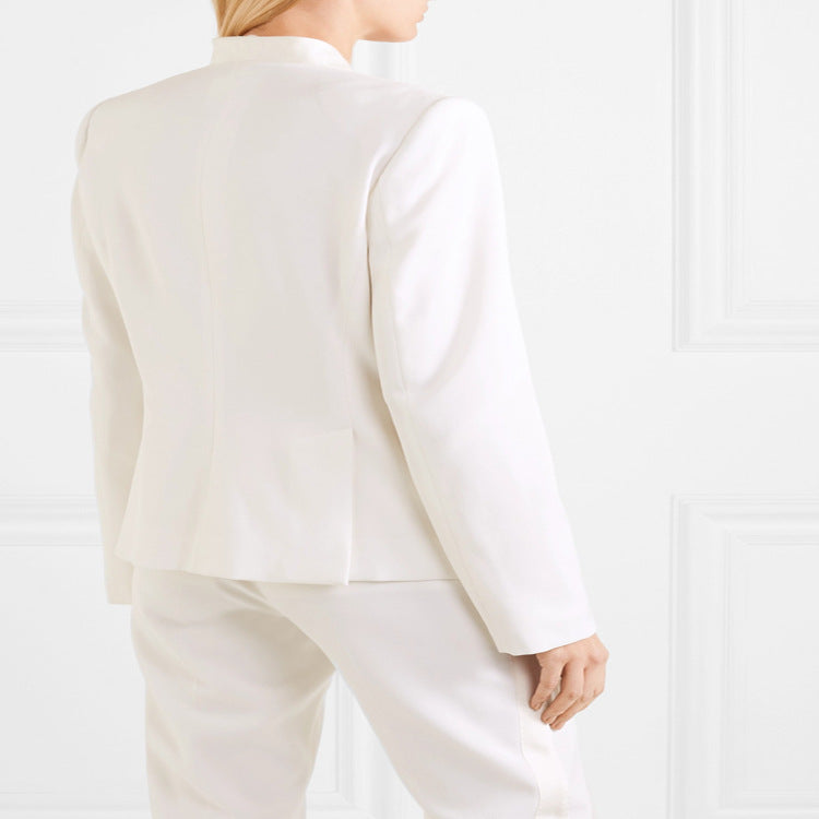 Damen Couture-Zweireiher-Blazer mit minimalistischem Schalkragen und nahtverdeckten Stoffknöpfen Drune
