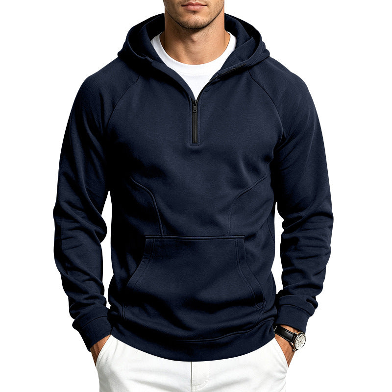 Herren Kapuzenpullover mit halbem Reißverschluss, sportlich-slim Fit und Kängurutasche Drune