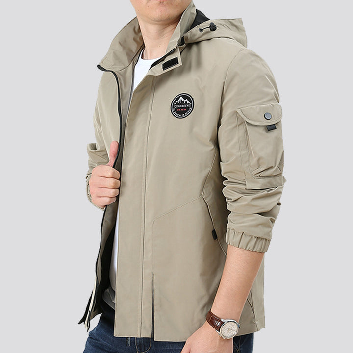 Herren Leichter Urbaner Softshell-Hoodie mit Ärmeltasche und hohem Stehkragen Drune