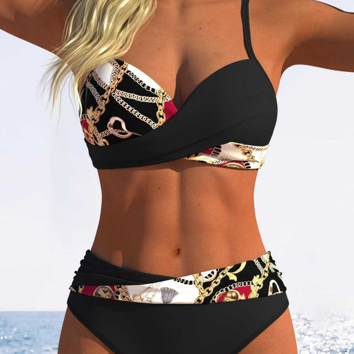 Damen Bikini-Set mit modischer Wickeloptik und schickem Kettenmuster Drune
